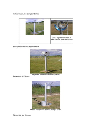 Heliofanógrafo, tipo Campbell-Stokes
Mide y registra el número de
horas de brillo solar (Insolación)
.
Actinógrafo Bimetálico, tipo Robitzsch
Registra la intensidad de radiación solar.
Pluviómetro de Cántaro
Mide la precipitación (Lámina de agua caída).
Pluviógrafo, tipo Hellmann
 