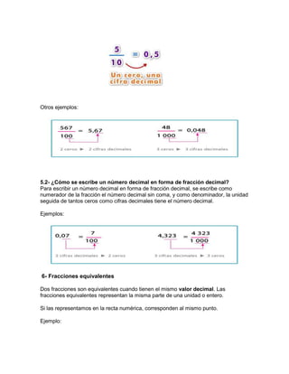 Otros ejemplos:
5.2- ¿Cómo se escribe un número decimal en forma de fracción decimal?
Para escribir un número decimal en forma de fracción decimal, se escribe como
numerador de la fracción el número decimal sin coma, y como denominador, la unidad
seguida de tantos ceros como cifras decimales tiene el número decimal.
Ejemplos:
6- Fracciones equivalentes
Dos fracciones son equivalentes cuando tienen el mismo valor decimal. Las
fracciones equivalentes representan la misma parte de una unidad o entero.
Si las representamos en la recta numérica, corresponden al mismo punto.
Ejemplo:
 