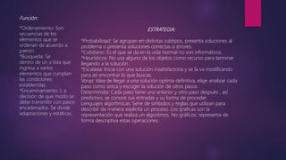 Función:
*Ordenamiento: Son
secuencias de los
elementos que se
ordenan de acuerdo a
patrón.
*Búsqueda: Se
dentro de un a lista que
ingresa a varios
elementos que cumplan
las condiciones
establecidas.
*Encaminamiento: L a
decisión de que modo se
debe transmitir con pasos
encadenados. Se divide
adaptaciones y estáticas.
ESTRATEGIA:
*Probabilidad: Se agrupan en distintas subtipos, presenta soluciones al
problema o presenta soluciones correctas o errores.
*Cotidiano: Es el que se da en la vida normal no son informáticos.
*Heurísticos: No usa alguno de los objetos como recurso para terminar
llegando a la solución.
*Escalada: Inicia con una solución insatisfactoria y se la va modificando
para así encontrar lo que buscas.
Voraz: Idea de llegar a una solución optima definitiva, elige analizar cada
paso como única y escoger la solución de otros pasos.
Determinista: Cada paso tiene una anterior y otro paso después , así
predictivo, se conoce sus entradas y su forma de proceder.
Lenguajes algorítmicas: Serie de símbolos y reglas que utilizan para
describir de manera explicita un proceso. Los graficas son la
representación que realiza un algoritmos. No gráficos: representa de
forma descriptiva estas operaciones.
 