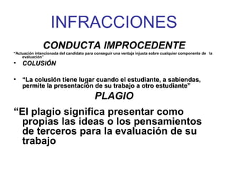 INFRACCIONES
CONDUCTA IMPROCEDENTE
“Actuación intencionada del candidato para conseguir una ventaja injusta sobre cualquier componente de la
evaluación”
• COLUSIÓNCOLUSIÓN
• ““La colusión tiene lugar cuando el estudiante, a sabiendas,La colusión tiene lugar cuando el estudiante, a sabiendas,
permite la presentación de su trabajo a otro estudiante”permite la presentación de su trabajo a otro estudiante”
PLAGIO
“El plagio significa presentar como
propias las ideas o los pensamientos
de terceros para la evaluación de su
trabajo
 