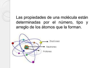Las propiedades de una molécula están
determinadas por el número, tipo y
arreglo de los átomos que la forman.
 