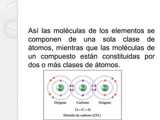 Así las moléculas de los elementos se
componen de una sola clase de
átomos, mientras que las moléculas de
un compuesto están constituidas por
dos o más clases de átomos.
 