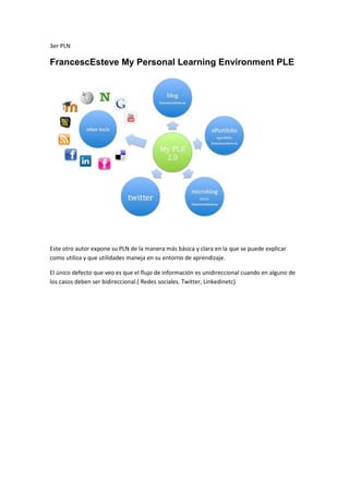 3er PLN

FrancescEsteve My Personal Learning Environment PLE

Este otro autor expone su PLN de la manera más básica y clara en la que se puede explicar
como utiliza y que utilidades maneja en su entorno de aprendizaje.
El único defecto que veo es que el flujo de información es unidireccional cuando en alguno de
los casos deben ser bidireccional.( Redes sociales. Twitter, Linkedinetc)

 