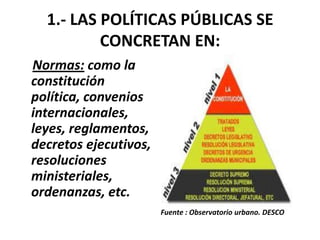 1.- LAS POLÍTICAS PÚBLICAS SE
          CONCRETAN EN:
Normas: como la
constitución
política, convenios
internacionales,
leyes, reglamentos,
decretos ejecutivos,
resoluciones
ministeriales,
ordenanzas, etc.
                       Fuente : Observatorio urbano. DESCO
 
