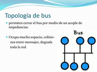 Topología de bus
 permiten cerrar el bus por medio de un acople de
 impedancias.

 Ocupa mucho espacio, colisio-
  nes entre mensajes, degrada
  toda la red
 