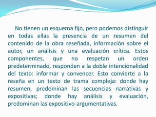      No tienen un esquema fijo, pero podemos distinguir en todas ellas la presencia de un resumen del contenido de la obra reseñada, información sobre el autor, un análisis y una evaluación crítica. Estos componentes, que no respetan un orden predeterminado, responden a la doble intencionalidad del texto: informar y convencer. Esto convierte a la reseña en un texto de trama compleja: donde hay resumen, predominan las secuencias narrativas y expositivas; donde hay análisis y evaluación, predominan las expositivo-argumentativas.