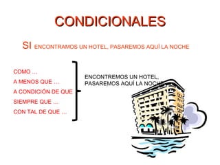 CONDICIONALESCONDICIONALES
SI ENCONTRAMOS UN HOTEL, PASAREMOS AQUÍ LA NOCHE
COMO …
A MENOS QUE …
A CONDICIÓN DE QUE
SIEMPRE QUE …
CON TAL DE QUE …
ENCONTREMOS UN HOTEL,
PASAREMOS AQUÍ LA NOCHE
 
