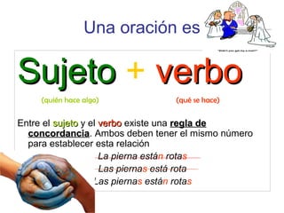 Una oración es
SujetoSujeto + verboverbo
(quién hace algo) (qué se hace)
Entre el sujetosujeto y el verboverbo existe una ...