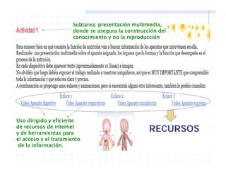 Subtarea: presentación multimedia,
donde se asegura la construcción deldonde se asegura la construcción del
conocimiento y no la reproducción
Uso dirigido y eficienteUso dirigido y eficiente
de recursos de internet
y de herramientas para
el acceso y el tratamiento
RECURSOS
de la información.
 