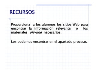 RECURSOSRECURSOS
Proporciona a los alumnos los sitios Web para
encontrar la información relevante o los
materiales off line necesariosmateriales off-line necesarios.
Los podemos encontrar en el apartado procesoLos podemos encontrar en el apartado proceso.
 