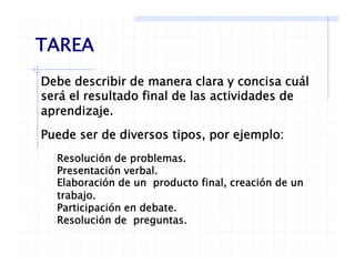 TAREA
Debe describir de manera clara y concisa cuál
TAREA
Debe describir de manera clara y concisa cuál
será el resultado final de las actividades de
aprendizaje.
Puede ser de diversos tipos, por ejemplo:
l ó d blResolución de problemas.
Presentación verbal.
Elaboración de un producto final, creación de un
trabajo.
Participación en debate.
Resolución de preguntas.Resolución de preguntas.
 