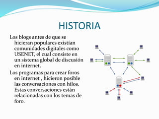 HISTORIA 
Los blogs antes de que se 
hicieran populares existían 
comunidades digitales como 
USENET, el cual consiste en 
un sistema global de discusión 
en internet. 
Los programas para crear foros 
en internet , hicieron posible 
las conversaciones con hilos. 
Estas conversaciones están 
relacionadas con los temas de 
foro. 
 