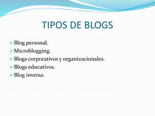 TIPOS DE BLOGS 
Blog personal. 
Microblogging. 
Blogs corporativos y organizacionales. 
Blogs educativos. 
Blog inversa. 
 