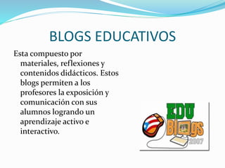BLOGS EDUCATIVOS 
Esta compuesto por 
materiales, reflexiones y 
contenidos didácticos. Estos 
blogs permiten a los 
profesores la exposición y 
comunicación con sus 
alumnos logrando un 
aprendizaje activo e 
interactivo. 
 