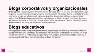 4 -05-2016 1RV6 9
Blogs corporativos y organizacionales
Un blog puede ser privado, como en la mayoría de los casos, o puede ser para fines comerciales. Los
blogs que se usan internamente para mejorar la comunicación y la cultura de una sociedad anónima o
externamente para las relaciones de marketing, branding o relaciones públicas se llaman blogs
corporativos. Blogs similares para los clubes y sociedades se llaman blogs de club, blogs de grupo o
por nombres similares; el típico uso consiste en informar a los miembros y a otras partes interesadas
sobre las fiestas del club y las actividades de sus miembros.
Blogs educativos
Un blog educativo está compuesto por materiales, experiencias, reflexiones y contenidos didácticos,
que permite la difusión periódica y actualizada de las actividades realizadas en la escuela. Los blogs
educativos permiten al profesorado la exposición y comunicación entre la comunidad educativa y el
alumnado, potenciando un aprendizaje activo, crítico e interactivo.
 
