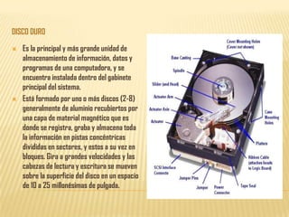 DISCO DURO

   Es la principal y más grande unidad de
    almacenamiento de información, datos y
    programas de una computadora, y se
    encuentra instalada dentro del gabinete
    principal del sistema.
   Está formado por uno o más discos (2-8)
    generalmente de aluminio recubiertos por
    una capa de material magnético que es
    donde se registra, graba y almacena toda
    la información en pistas concéntricas
    divididas en sectores, y estos a su vez en
    bloques. Gira a grandes velocidades y las
    cabezas de lectura y escritura se mueven
    sobre la superficie del disco en un espacio
    de 10 a 25 millonésimas de pulgada.
 