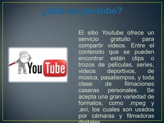 El sitio Youtube ofrece un
servicio
gratuito
para
compartir videos. Entre el
contenido que se pueden
encontrar están clips o
trozos de películas, series,
videos
deportivos,
de
música, pasatiempos, y toda
clase
de
filmaciones
caseras personales. Se
acepta una gran variedad de
formatos, como .mpeg y
.avi, los cuales son usados
por cámaras y filmadoras

 