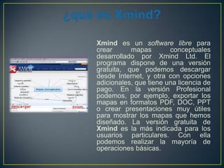 Xmind es un software libre para
crear
mapas
conceptuales
desarrollado por Xmind Ltd. El
programa dispone de una versión
gratuita, que podemos descargar
desde Internet, y otra con opciones
adicionales, que tiene una licencia de
pago. En la versión Profesional
podemos, por ejemplo, exportar los
mapas en formatos PDF, DOC, PPT
o crear presentaciones muy útiles
para mostrar los mapas que hemos
diseñado. La versión gratuita de
Xmind es la más indicada para los
usuarios particulares. Con ella
podemos realizar la mayoría de
operaciones básicas.

 