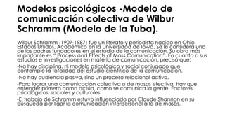 Modelos psicológicos -Modelo de
comunicación colectiva de Wilbur
Schramm (Modelo de la Tuba).
Wilbur Schramm (1907-1987) fue un literato y periodista nacido en Ohio,
Estados Unidos. Académico en la Universidad de Iowa. Se le considera uno
de los padres fundadores en el estudio de la comunicación. Su obra más
importante es “ Process and Effects of Mass Comunication”. En cuanto a sus
estudios e investigaciones en materia de comunicación, precisó que:
-No hay disciplina, ni modelo psicológico y social conjugado que
contemple la totalidad del estudio científico de la comunicación.
-No hay audiencia pasiva, sino un proceso relacional activo.
-Para lograr una comunicación colectiva o de masas efectiva, hay que
entender primero como actúa, como se comunica la gente: Factores
psicológicos, sociales y culturales.
-El trabajo de Schramm estuvo influenciado por Claude Shannon en su
búsqueda por ligar la comunicación interpersonal a la de masas.
 