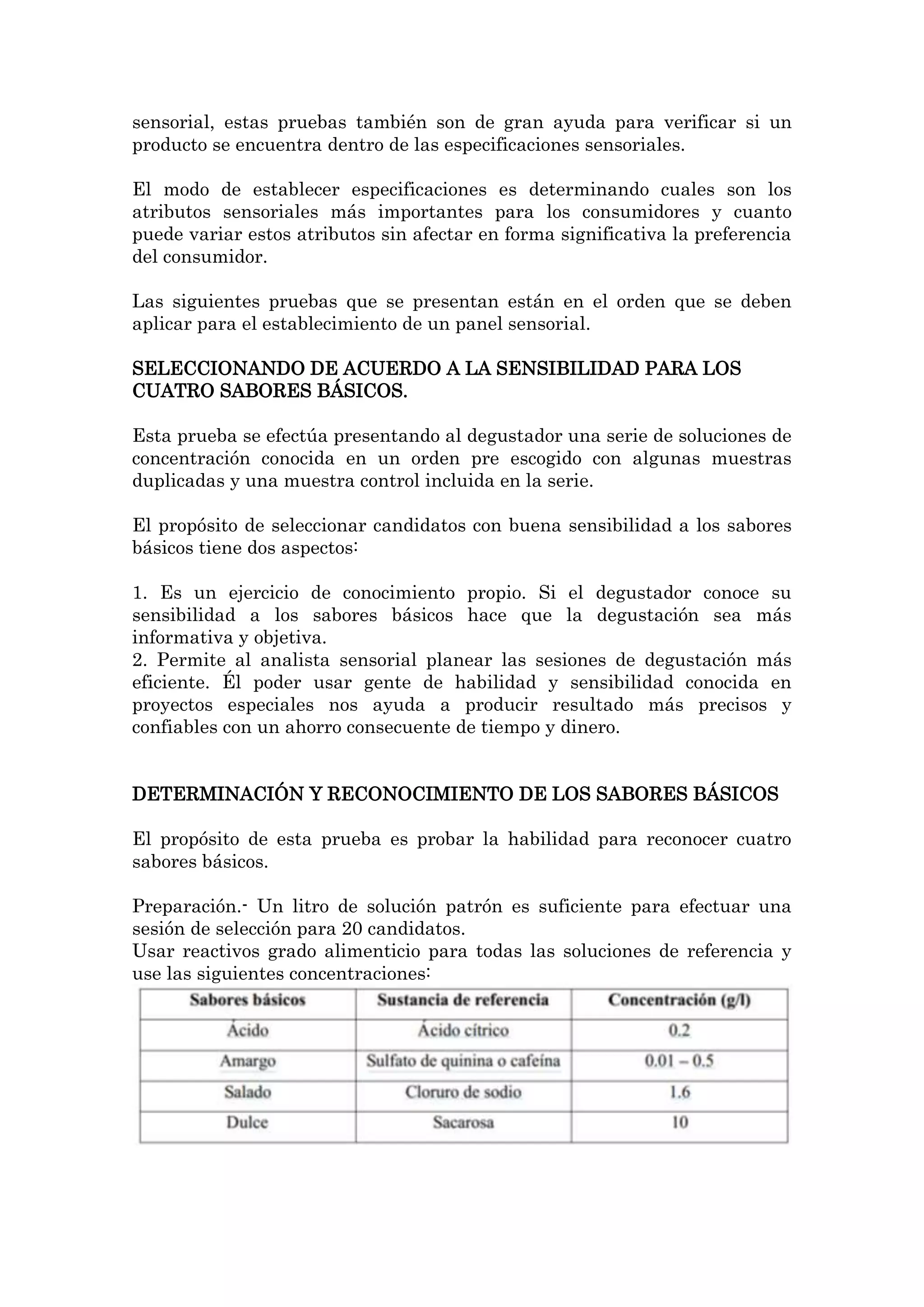 sensorial, estas pruebas también son de gran ayuda para verificar si un
producto se encuentra dentro de las especificaciones sensoriales.
El modo de establecer especificaciones es determinando cuales son los
atributos sensoriales más importantes para los consumidores y cuanto
puede variar estos atributos sin afectar en forma significativa la preferencia
del consumidor.
Las siguientes pruebas que se presentan están en el orden que se deben
aplicar para el establecimiento de un panel sensorial.
SELECCIONANDO DE ACUERDO A LA SENSIBILIDAD PARA LOS
CUATRO SABORES BÁSICOS.
Esta prueba se efectúa presentando al degustador una serie de soluciones de
concentración conocida en un orden pre escogido con algunas muestras
duplicadas y una muestra control incluida en la serie.
El propósito de seleccionar candidatos con buena sensibilidad a los sabores
básicos tiene dos aspectos:
1. Es un ejercicio de conocimiento propio. Si el degustador conoce su
sensibilidad a los sabores básicos hace que la degustación sea más
informativa y objetiva.
2. Permite al analista sensorial planear las sesiones de degustación más
eficiente. Él poder usar gente de habilidad y sensibilidad conocida en
proyectos especiales nos ayuda a producir resultado más precisos y
confiables con un ahorro consecuente de tiempo y dinero.
DETERMINACIÓN Y RECONOCIMIENTO DE LOS SABORES BÁSICOS
El propósito de esta prueba es probar la habilidad para reconocer cuatro
sabores básicos.
Preparación.- Un litro de solución patrón es suficiente para efectuar una
sesión de selección para 20 candidatos.
Usar reactivos grado alimenticio para todas las soluciones de referencia y
use las siguientes concentraciones:

 