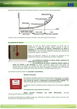 EQUIPOS Y MEDIOS DE EXTINCIÓN DE INCENDIOS




        temperatura (que precisa que el fuego haya tomado un cierto incremento antes de detectarlo).




        La figura anterior esquematiza la fase del incendio en que actúa cada tipo de detector.



        Los sistemas de alarma

                                           Aunque el aviso de alarma podría realizarse de forma oral en
                                           instalaciones o locales de reducido tamaño, iniciando el Plan de
                                           Actuación, los pulsadores de alarma, instalaciones de alerta y
                                           megafonía son las instalaciones específicas de alarma de incendio más
                                           recomendadas y que con mayor profusión se encuentran requeridas en
                                           la legislación vigente y normativas.

                                            Existe una diferencia notable en los campos de aplicación de los
                                            pulsadores de alarma y las instalaciones de alerta y megafonía:


                                                   Los pulsadores trasmiten la alarma desde cualquiera de
                                          ellos hasta un puesto de control.
                                                   Las instalaciones de alerta y megafonía alertan, desde un
                punto de control, a las personas que deben emprender alguna acción para limitar las
                consecuencias del incendio. Es evidente que para este fin las instalaciones de megafonía son
                mejores que las de alerta, pues permiten una mayor versatilidad en la alarma (vía de evacuación
                que se debe seguir, alarmas en claves, orden concreta a una determinada zona, etc.).

        Los sistemas de alarma pueden ser manuales o automáticos.

                                    Sistemas manuales.

                                    Los sistemas manuales de alarma de incendio están constituidos por un conjunto
                                    de pulsadores que permiten provocar voluntariamente y transmitir una señal a
                                    una central de control y señalización permanentemente vigilada, para
                                    facilitar la identificación de la zona donde se ha activado el pulsador.

                                    La distancia máxima a pulsadores desde cualquier punto de la empresa será de
                                    25 m.

                                    Los sistemas de comunicación de alarma:

                                  Deben     permitir       transmitir      una      señal   diferenciada,   generada
        voluntariamente desde un puesto de control.

        La señal transmitida debe ser audible en todo caso, debiendo ser además, visible cuando el nivel de ruido
        donde deba ser percibida supere los 60 dB (A).




CARMEN ALONSO GONZÁLEZ                               Centro de Formación Rúa Nova                                      11
 
