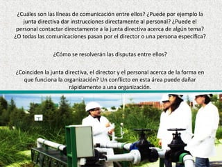 ¿Cuáles son las líneas de comunicación entre ellos? ¿Puede por ejemplo la
junta directiva dar instrucciones directamente al personal? ¿Puede el
personal contactar directamente a la junta directiva acerca de algún tema?
¿O todas las comunicaciones pasan por el director o una persona específica?
¿Cómo se resolverán las disputas entre ellos?
¿Coinciden la junta directiva, el director y el personal acerca de la forma en
que funciona la organización? Un conflicto en esta área puede dañar
rápidamente a una organización.
 