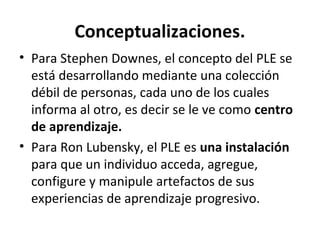 Conceptualizaciones.
• Para Stephen Downes, el concepto del PLE se
  está desarrollando mediante una colección
  débil de personas, cada uno de los cuales
  informa al otro, es decir se le ve como centro
  de aprendizaje.
• Para Ron Lubensky, el PLE es una instalación
  para que un individuo acceda, agregue,
  configure y manipule artefactos de sus
  experiencias de aprendizaje progresivo.
 