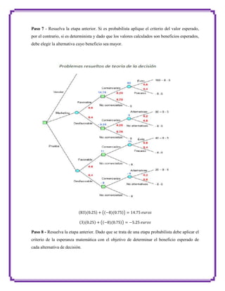 Paso 7 - Resuelva la etapa anterior. Si es probabilista aplique el criterio del valor esperado,
por el contrario, si es determinista y dado que los valores calculados son beneficios esperados,
debe elegir la alternativa cuyo beneficio sea mayor.

Paso 8 - Resuelva la etapa anterior. Dado que se trata de una etapa probabilista debe aplicar el
criterio de la esperanza matemática con el objetivo de determinar el beneficio esperado de
cada alternativa de decisión.

 