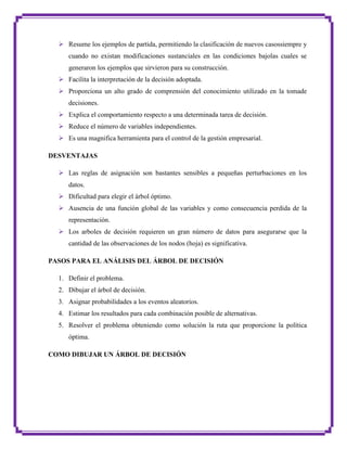 Resume los ejemplos de partida, permitiendo la clasificación de nuevos casossiempre y
cuando no existan modificaciones sustanciales en las condiciones bajolas cuales se
generaron los ejemplos que sirvieron para su construcción.
 Facilita la interpretación de la decisión adoptada.
 Proporciona un alto grado de comprensión del conocimiento utilizado en la tomade
decisiones.
 Explica el comportamiento respecto a una determinada tarea de decisión.
 Reduce el número de variables independientes.
 Es una magnifica herramienta para el control de la gestión empresarial.
DESVENTAJAS
 Las reglas de asignación son bastantes sensibles a pequeñas perturbaciones en los
datos.
 Dificultad para elegir el árbol óptimo.
 Ausencia de una función global de las variables y como consecuencia perdida de la
representación.
 Los arboles de decisión requieren un gran número de datos para asegurarse que la
cantidad de las observaciones de los nodos (hoja) es significativa.
PASOS PARA EL ANÁLISIS DEL ÁRBOL DE DECISIÓN
1. Definir el problema.
2. Dibujar el árbol de decisión.
3. Asignar probabilidades a los eventos aleatorios.
4. Estimar los resultados para cada combinación posible de alternativas.
5. Resolver el problema obteniendo como solución la ruta que proporcione la política
óptima.
COMO DIBUJAR UN ÁRBOL DE DECISIÓN

 