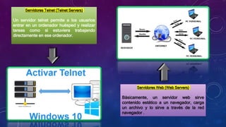 Servidores Telnet (Telnet Servers)
Un servidor telnet permite a los usuarios
entrar en un ordenador huésped y realizar
tar...