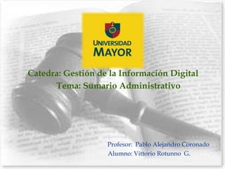 Catedra: Gestión de la Información Digital
      Tema: Sumario Administrativo




                   Profesor: Pablo Alejandro Coronado
                   Alumno: Vittorio Rotunno G.
 