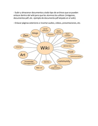 - Subir y almacenar documentos y todo tipo de archivos quese pueden
enlazar dentro del wikipara que los alumnos los utilicen (imágenes,
documentos pdf, etc. ejemplo de documento pdf alojado en el wiki).
- Enlazar páginas exteriores e insertar audios, vídeos, presentaciones, etc.