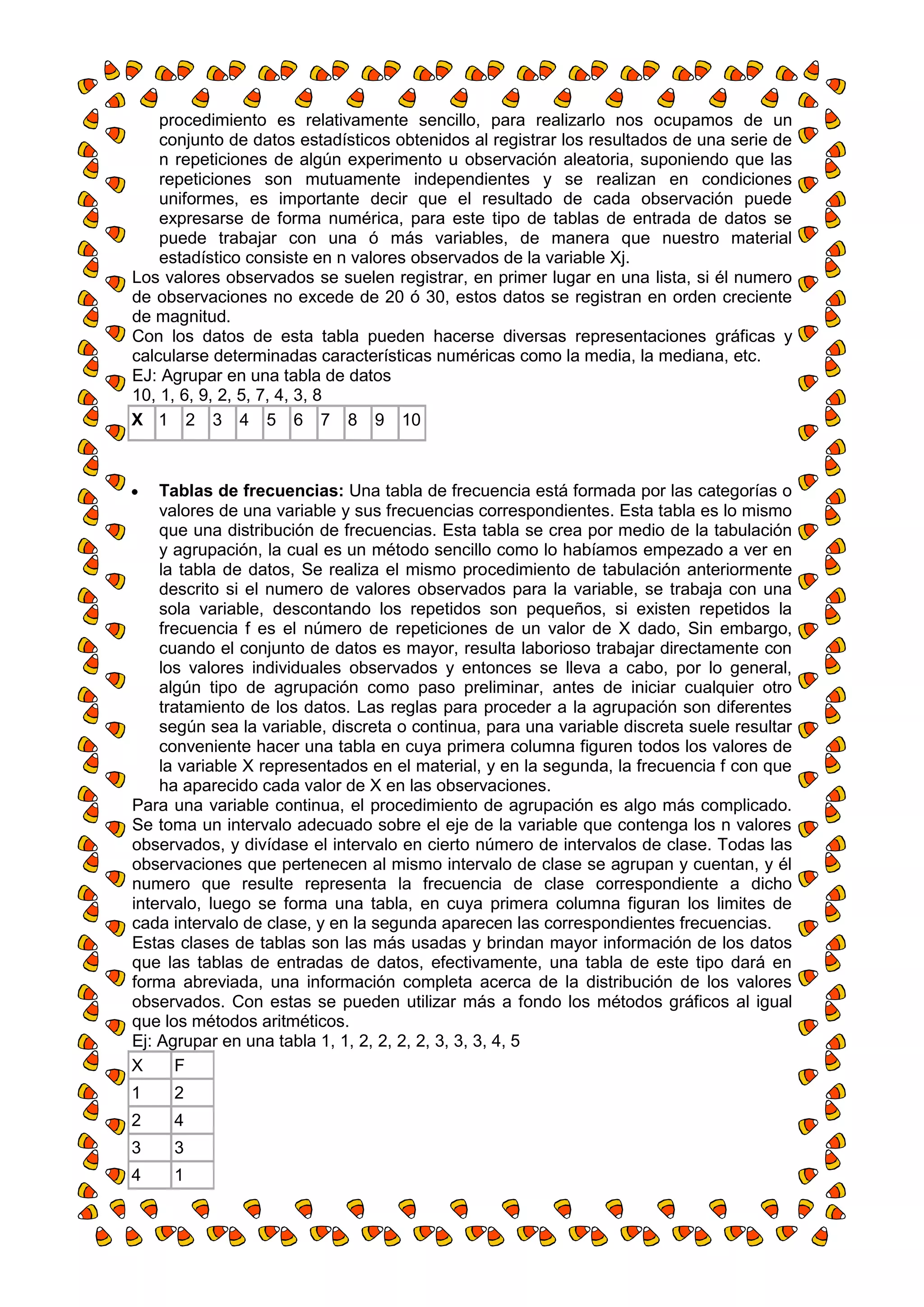procedimiento es relativamente sencillo, para realizarlo nos ocupamos de un
    conjunto de datos estadísticos obtenidos al registrar los resultados de una serie de
    n repeticiones de algún experimento u observación aleatoria, suponiendo que las
    repeticiones son mutuamente independientes y se realizan en condiciones
    uniformes, es importante decir que el resultado de cada observación puede
    expresarse de forma numérica, para este tipo de tablas de entrada de datos se
    puede trabajar con una ó más variables, de manera que nuestro material
    estadístico consiste en n valores observados de la variable Xj.
Los valores observados se suelen registrar, en primer lugar en una lista, si él numero
de observaciones no excede de 20 ó 30, estos datos se registran en orden creciente
de magnitud.
Con los datos de esta tabla pueden hacerse diversas representaciones gráficas y
calcularse determinadas características numéricas como la media, la mediana, etc.
EJ: Agrupar en una tabla de datos
10, 1, 6, 9, 2, 5, 7, 4, 3, 8
X 1 2 3 4 5 6 7 8 9 10



    Tablas de frecuencias: Una tabla de frecuencia está formada por las categorías o
    valores de una variable y sus frecuencias correspondientes. Esta tabla es lo mismo
    que una distribución de frecuencias. Esta tabla se crea por medio de la tabulación
    y agrupación, la cual es un método sencillo como lo habíamos empezado a ver en
    la tabla de datos, Se realiza el mismo procedimiento de tabulación anteriormente
    descrito si el numero de valores observados para la variable, se trabaja con una
    sola variable, descontando los repetidos son pequeños, si existen repetidos la
    frecuencia f es el número de repeticiones de un valor de X dado, Sin embargo,
    cuando el conjunto de datos es mayor, resulta laborioso trabajar directamente con
    los valores individuales observados y entonces se lleva a cabo, por lo general,
    algún tipo de agrupación como paso preliminar, antes de iniciar cualquier otro
    tratamiento de los datos. Las reglas para proceder a la agrupación son diferentes
    según sea la variable, discreta o continua, para una variable discreta suele resultar
    conveniente hacer una tabla en cuya primera columna figuren todos los valores de
    la variable X representados en el material, y en la segunda, la frecuencia f con que
    ha aparecido cada valor de X en las observaciones.
Para una variable continua, el procedimiento de agrupación es algo más complicado.
Se toma un intervalo adecuado sobre el eje de la variable que contenga los n valores
observados, y divídase el intervalo en cierto número de intervalos de clase. Todas las
observaciones que pertenecen al mismo intervalo de clase se agrupan y cuentan, y él
numero que resulte representa la frecuencia de clase correspondiente a dicho
intervalo, luego se forma una tabla, en cuya primera columna figuran los limites de
cada intervalo de clase, y en la segunda aparecen las correspondientes frecuencias.
Estas clases de tablas son las más usadas y brindan mayor información de los datos
que las tablas de entradas de datos, efectivamente, una tabla de este tipo dará en
forma abreviada, una información completa acerca de la distribución de los valores
observados. Con estas se pueden utilizar más a fondo los métodos gráficos al igual
que los métodos aritméticos.
Ej: Agrupar en una tabla 1, 1, 2, 2, 2, 2, 3, 3, 3, 4, 5
X      F
1    2
2    4
3    3
4    1
 