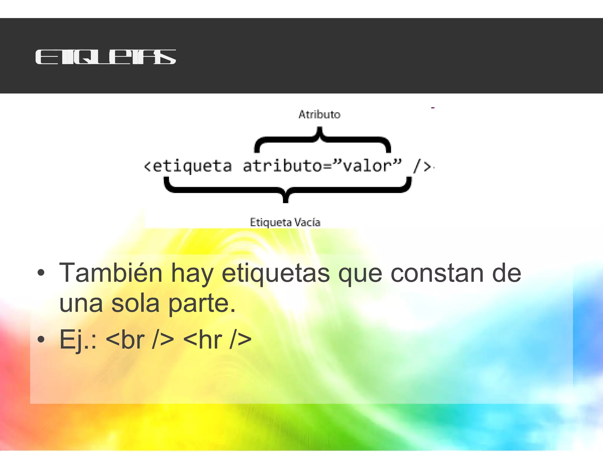 Etiquetas También hay etiquetas que constan de una sola parte. Ej.: <br /> <hr /> 