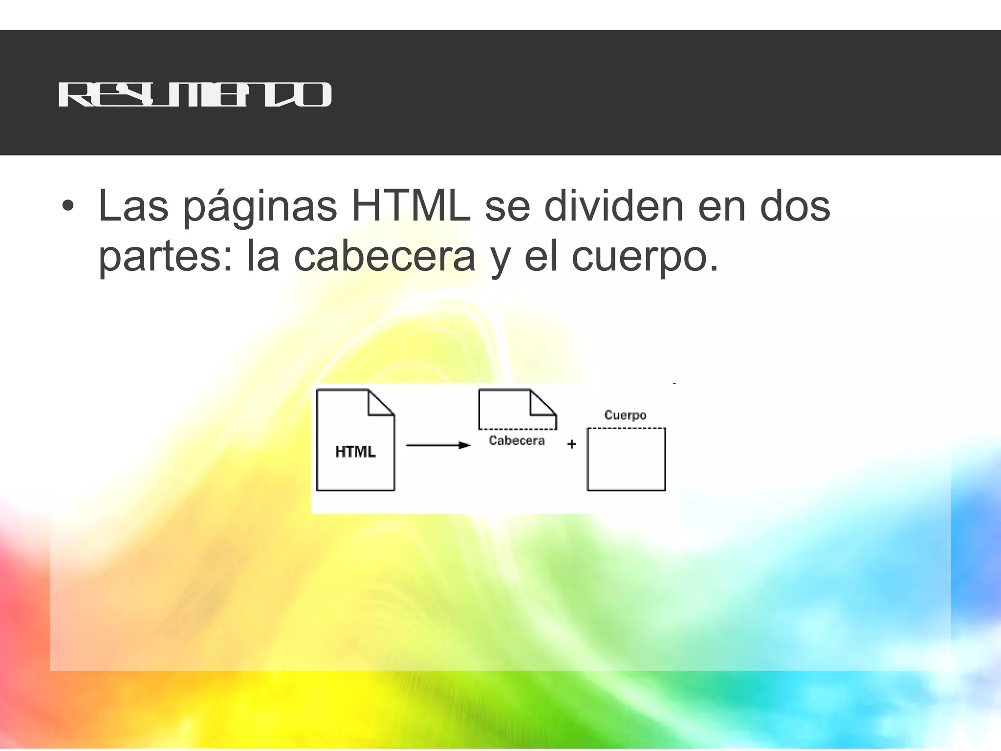 Resumiendo Las páginas HTML se dividen en dos partes: la cabecera y el cuerpo.  