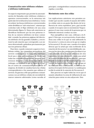 29ELECTRONICA y servicio
Comunicación entre teléfonos celulares
y teléfonos tradicionales
Un aspecto importante que permite la automati-
zación de llamadas entre teléfonos celulares y
aparatos convencionales, es la estructura tan
particular de la infraestructura telefónica. Como
recordará, las líneas telefónicas convencionales
están divididas en “sub-estaciones”, mismas que
controlan todo el flujo telefónico de una zona
determinada (figura 5). Estas sub-estaciones se
identifican fácilmente por las tres primeras ci-
fras de su número telefónico (si tiene curiosi-
dad, consulte las primeras páginas del directo-
rio telefónico de las grandes ciudades, y encon-
trará la sub-estación que corresponde a un nú-
mero determinado, guiándose precisamente por
sus tres primeras cifras).
Pues bien, cuando comenzó a aparecer la te-
lefonía celular, las compañías proveedoras del
servicio contrataron a la compañía telefónica
local una o más sub-estaciones, de modo que
todas las comunicaciones de sus usuarios apa-
rentaran dirigirse a una zona específica; sin
embargo, en realidad lo que se hace es enviar-
las al centro de conmutación principal de la
empresa, de donde se canaliza hacia las células
correspondientes a los usuarios que utilizan el
servicio. Es gracias a ello que podemos comuni-
carnos con un teléfono celular sin necesidad de
marcar números adicionales (como sucedía al
principio), consiguiéndose comunicaciones más
rápidas y sencillas.
Movimiento entre dos celdas
Las explicaciones anteriores nos permiten en-
tender qué sucede cuando el usuario del teléfo-
no celular está en un punto fijo dentro de la in-
fluencia de cierta repetidora; pero ¿qué sucede
cuando el receptor está en movimiento? Supon-
gamos el caso muy común de la persona que va
hablando mientras conduce su auto.
Para ejemplificar este caso, refiérase a la fi-
gura 3. Note que, en su trayectoria, el auto aban-
dona una celda en la que se está utilizando la
frecuencia 1 y entra en otra en la que se emplea
la frecuencia 2. En este caso, cuando el receptor
detecta que la señal que está recibiendo de la
estación de frecuencia 1 se está debilitando, ras-
trea en los otros dos canales para localizar si ya
está entrando en la zona de influencia de otra
repetidora; en caso afirmativo, envía una señal
de control a la estación de frecuencia 1, para que
dirija la comunicación del usuario hacia la esta-
ción de frecuencia 2 detectada, y una vez que se
ha realizado esta conmutación, el teléfono de-
sactiva el receptor de frecuencia 1 y cambia para
recibir la señal de la estación de frecuencia 2.
Este proceso se repite todas las veces que el
usuario abandone la zona de influencia de una
estación para entrar en otra adyacente. Esta
Central
secundaria
1-1
Central
General
1
Central
General
2
Central
secundaria
1-2
Central
secundaria
1-3
Central
secundaria
2-1
Central
secundaria
2-4
Central
secundaria
2-2
Central
secundaria
2-3
B A D
C
Figura 5
 