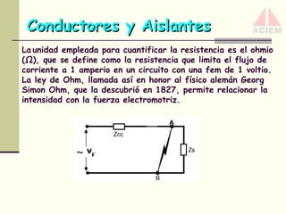 Conductores y Aislantes
La unidad empleada para cuantificar la resistencia es el ohmio
(Ω), que se define como la resistencia que limita el flujo de
corriente a 1 amperio en un circuito con una fem de 1 voltio.
La ley de Ohm, llamada así en honor al físico alemán Georg
Simon Ohm, que la descubrió en 1827, permite relacionar la
intensidad con la fuerza electromotriz.

 