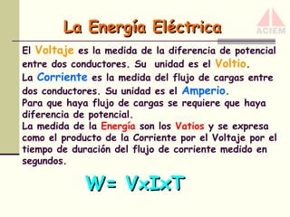 La Energía Eléctrica
El Voltaje es la medida de la diferencia de potencial
entre dos conductores. Su unidad es el Voltio.
La Corriente es la medida del flujo de cargas entre
dos conductores. Su unidad es el Amperio.
Para que haya flujo de cargas se requiere que haya
diferencia de potencial.
La medida de la Energía son los Vatios y se expresa
como el producto de la Corriente por el Voltaje por el
tiempo de duración del flujo de corriente medido en
segundos.

W= VxIxT

 