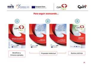Para seguir avanzando…


        1                         2                      3




   Beneficios y           Propiedad intelectual   Buenas prácticas
Primeros ejemplos



                                                                     25
 