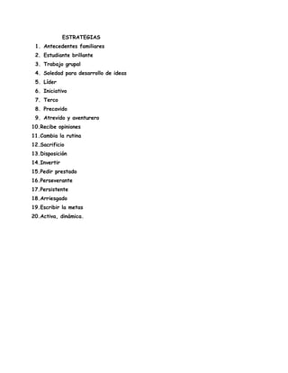ESTRATEGIAS
 1. Antecedentes familiares
 2. Estudiante brillante
 3. Trabajo grupal
 4. Soledad para desarrollo de ideas
 5. Líder
 6. Iniciativo
 7. Terco
 8. Precavido
 9. Atrevido y aventurero
10.Recibe opiniones
11.Cambia la rutina
12.Sacrificio
13.Disposición
14.Invertir
15.Pedir prestado
16.Perseverante
17.Persistente
18.Arriesgado
19.Escribir la metas
20.Activa, dinámica.
 