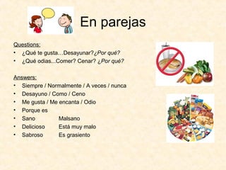 En parejas
Questions:
• ¿Qué te gusta…Desayunar?¿Por qué?
• ¿Qué odias...Comer? Cenar? ¿Por qué?

Answers:
• Siempre / Normalmente / A veces / nunca
• Desayuno / Como / Ceno
• Me gusta / Me encanta / Odio
• Porque es
• Sano          Malsano
• Delicioso     Está muy malo
• Sabroso       Es grasiento
 
