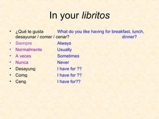 In your libritos
• ¿Qué te gusta        What do you like having for breakfast, lunch,
  desayunar / comer / cenar?                            dinner?
• Siempre              Always
• Normalmente          Usually
• A veces              Sometimes
• Nunca                Never
• Desayuno             I have for ??
• Como                 I have for ??
• Ceno                 I have for??
 