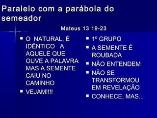 Paralelo com a parábola doParalelo com a parábola do
semeadorsemeador
Mateus 13 19-23Mateus 13 19-23
 O NATURAL, ÉO NATURAL, É
IDÊNTICO AIDÊNTICO A
AQUELE QUEAQUELE QUE
OUVE A PALAVRAOUVE A PALAVRA
MAS A SEMENTEMAS A SEMENTE
CAIU NOCAIU NO
CAMINHOCAMINHO
 VEJAM!!!!VEJAM!!!!
 1º GRUPO1º GRUPO
 A SEMENTE ÉA SEMENTE É
ROUBADAROUBADA
 NÃO ENTENDEMNÃO ENTENDEM
 NÃO SENÃO SE
TRANSFORMOUTRANSFORMOU
EM REVELAÇÃOEM REVELAÇÃO
 CONHECE, MAS...CONHECE, MAS...
 