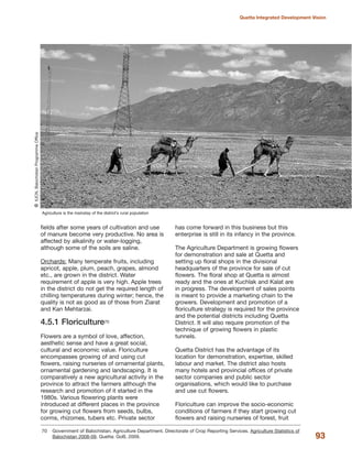 fields after some years of cultivation and use
of manure become very productive. No area is
affected by alkalinity or water-logging,
although some of the soils are saline.
Orchards: Many temperate fruits, including
apricot, apple, plum, peach, grapes, almond
etc., are grown in the district. Water
requirement of apple is very high. Apple trees
in the district do not get the required length of
chilling temperatures during winter; hence, the
quality is not as good as of those from Ziarat
and Kan Mehtarzai.
4.5.1 Floriculture70
Flowers are a symbol of love, affection,
aesthetic sense and have a great social,
cultural and economic value. Floriculture
encompasses growing of and using cut
flowers, raising nurseries of ornamental plants,
ornamental gardening and landscaping. It is
comparatively a new agricultural activity in the
province to attract the farmers although the
research and promotion of it started in the
1980s. Various flowering plants were
introduced at different places in the province
for growing cut flowers from seeds, bulbs,
corms, rhizomes, tubers etc. Private sector
has come forward in this business but this
enterprise is still in its infancy in the province.
The Agriculture Department is growing flowers
for demonstration and sale at Quetta and
setting up floral shops in the divisional
headquarters of the province for sale of cut
flowers. The floral shop at Quetta is almost
ready and the ones at Kuchlak and Kalat are
in progress. The development of sales points
is meant to provide a marketing chain to the
growers. Development and promotion of a
floriculture strategy is required for the province
and the potential districts including Quetta
District. It will also require promotion of the
technique of growing flowers in plastic
tunnels.
Quetta District has the advantage of its
location for demonstration, expertise, skilled
labour and market. The district also hosts
many hotels and provincial offices of private
sector companies and public sector
organisations, which would like to purchase
and use cut flowers.
Floriculture can improve the socio-economic
conditions of farmers if they start growing cut
flowers and raising nurseries of forest, fruit
93
Quetta Integrated Development Vision
Agriculture is the mainstay of the district»s rural population
QIUCN,BalochistanProgrammeOffice
70 Government of Balochistan. Agriculture Department. Directorate of Crop Reporting Services. Agriculture Statistics of
Balochistan 2008-09. Quetta: GoB, 2009.
 