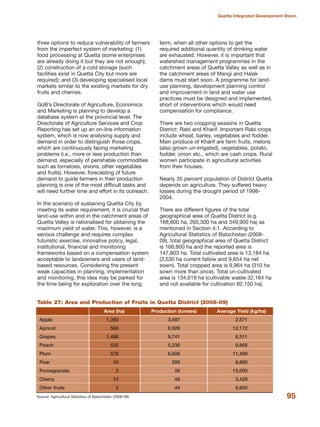 95
Quetta Integrated Development Vision
three options to reduce vulnerability of farmers
from the imperfect system of marketing: (1)
food processing at Quetta (some enterprises
are already doing it but they are not enough);
(2) construction of a cold storage (such
facilities exist in Quetta City but more are
required); and (3) developing specialised local
markets similar to the existing markets for dry
fruits and cherries.
GoB»s Directorate of Agriculture, Economics
and Marketing is planning to develop a
database system at the provincial level. The
Directorate of Agriculture Services and Crop
Reporting has set up an on-line information
system, which is now analysing supply and
demand in order to distinguish those crops,
which are continuously facing marketing
problems (i.e., more or less production than
demand, especially of perishable commodities
such as tomatoes, onions, other vegetables
and fruits). However, forecasting of future
demand to guide farmers in their production
planning is one of the most difficult tasks and
will need further time and effort in its outreach.
In the scenario of sustaining Quetta City by
meeting its water requirement, it is crucial that
land-use within and in the catchment areas of
Quetta Valley is rationalised for obtaining the
maximum yield of water. This, however, is a
serious challenge and requires complex
futuristic exercise, innovative policy, legal,
institutional, financial and monitoring
frameworks based on a compensation system
acceptable to landowners and users of land-
based resources. Considering the present
weak capacities in planning, implementation
and monitoring, this idea may be parked for
the time being for exploration over the long
term, when all other options to get the
required additional quantity of drinking water
are exhausted. However, it is important that
watershed management programmes in the
catchment areas of Quetta Valley as well as in
the catchment areas of Mangi and Halak
dams must start soon. A programme for land-
use planning, development planning control
and improvement in land and water use
practices must be designed and implemented,
short of interventions which would need
compensation for compliance.
There are two cropping seasons in Quetta
District: Rabi and Kharif. Important Rabi crops
include wheat, barley, vegetables and fodder.
Main produce of Kharif are farm fruits, melons
(also grown un-irrigated), vegetables, potato,
fodder, onion etc., which are cash crops. Rural
women participate in agricultural activities
from their houses.
Nearly 35 percent population of District Quetta
depends on agriculture. They suffered heavy
losses during the drought period of 1998-
2004.
There are different figures of the total
geographical area of Quetta District (e.g.
168,800 ha, 265,300 ha and 349,900 ha) as
mentioned in Section 4.1. According to
Agricultural Statistics of Balochistan (2008-
09), total geographical area of Quetta District
is 168,800 ha and the reported area is
147,803 ha. Total cultivated area is 13,184 ha
(3,530 ha current fallow and 9,654 ha net
sown). Total cropped area is 9,964 ha (310 ha
sown more than once). Total un-cultivated
area is 134,619 ha (cultivable waste 32,184 ha
and not available for cultivation 82,150 ha).
Source: Agricultural Statistics of Balochistan (2008-09)
Table 27: Area and Production of Fruits in Quetta District (2008-09)
Area (ha) Production (tonnes) Average Yield (kg/ha)
Apple 1,360 3,497 2,571
Apricot 569 6,926 12,172
Grapes 1,496 9,741 6,511
Peach 530 5,230 9,868
Plum 576 6,606 11,469
Pear 43 295 6,860
Pomegranate 2 26 13,000
Cherry 14 48 3,429
Other fruits 5 44 8,800
 