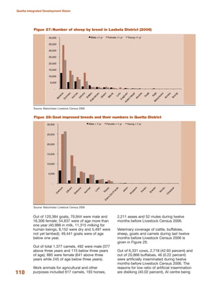 Out of 120,384 goats, 70,944 were male and
16,306 female; 54,637 were of age more than
one year (40,988 in milk, 11,315 milking for
human beings, 8,152 were dry and 5,497 were
not yet lambed); 49,441 goats were of age
below one year.
Out of total 1,377 camels, 492 were male (377
above three years and 115 below three years
of age); 885 were female (641 above three
years while 245 of age below three years).
Work animals for agricultural and other
purposes included 617 camels, 193 horses,
2,211 asses and 52 mules during twelve
months before Livestock Census 2006.
Veterinary coverage of cattle, buffaloes,
sheep, goats and camels during last twelve
months before Livestock Census 2006 is
given in Figure 29.
Out of 6,331 cows, 2,718 (42.93 percent) and
out of 20,866 buffaloes, 46 (0.22 percent)
were artificially inseminated during twelve
months before Livestock Census 2006. The
reasons for low ratio of artificial insemination
are disliking (40.02 percent), AI centre being110
Quetta Integrated Development Vision
Source: Balochistan Livestock Census 2006
Figue 27: Number of sheep by breed in Lasbela District (2006)
Source: Balochistan Livestock Census 2006
Figue 28: Goat improved breeds and their numbers in Quetta District
 