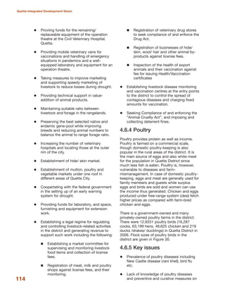 Proviing funds for the remaining/
replaceable equipment of the operation
theatre at the Civil Veterinary Hospital,
Quetta.
Providing mobile veterinary vans for
vaccinations and handling of emergency
situations in pandemics and a well-
equipped laboratory and equipment for an
operation theatre.
Taking measures to improve marketing
and supporting speedy marketing of
livestock to reduce losses during drought.
Providing technical support in value-
addition of animal products.
Maintaining suitable ratio between
livestock and forage in the rangelands.
Preserving the best selected native and
endemic gene-pool while improving
breeds and reducing animal numbers to
balance the animal to range forage ratio.
Increasing the number of veterinary
hospitals and locating those at the outer
rim of the city.
Establishment of hide/ skin market.
Establishment of mutton, poultry and
vegetable markets under one roof in
different areas of Quetta City.
Coopertating with the federal government
in the setting up of an early warning
system for drought.
Providing funds for laboratory, and space,
furnishing and equipment for extension
work.
Establishing a legal regime for regulating
and controlling livestock-related activities
in the district and generating revenue to
support such work including the following:
Establishing a market committee for
supervising and monitoring livestock
food items and collection of license
fees.
Registration of meat, milk and poultry
shops against license fees, and their
monitoring.
Registration of veterinary drug stores
to seek compliance of and enforce the
Drug Act,
Registration of businesses of hide/
skin, wool/ hair and other animal by-
products against license fees.
Inspection of the health of export
animals and their vaccination against
fee for issuing Health/Vaccination
certificates
Establishing livestock disease monitoring
and vaccination centres at the entry points
to the district to control the spread of
contagious diseases and charging fixed
amounts for vaccination.
Seeking Compliance of and enforcing the
≈Animal Cruelty ActΔ, and imposing and
collecting deterrent fines.
4.6.4 Poultry
Poultry provides protein as well as income.
Poultry is farmed on a commercial scale,
though domestic poultry-keeping is also
popular in the rural areas of the district. It is
the main source of eggs and also white meat
for the population in Quetta District since
much less fish is eaten. Poultry is, however,
vulnerable to diseases and farm-
mismanagement. In case of domestic poultry-
keeping, eggs and meat are generally used for
family members and guests while surplus
eggs and birds are sold and women can use
the income thus generated. Chicken and eggs
produced under free-range system (desi) fetch
higher prices as compared with farm-bred
chicken and eggs.
There is a government-owned and many
privately-owned poultry farms in the district.
There were 12,8331 poultry birds (16,287
cocks, 63,199 hens, 48,625 chicken and 219
ducks /drakes/ ducklings) in Quetta District in
2006. Flock sizes of poultry birds in the
district are given in Figure 30.
4.6.5 Key issues
Prevalence of poultry diseases including
New Castle disease (rani khet), bird flu
etc.
Lack of knowledge of poultry diseases
and preventive and curative measures on114
Quetta Integrated Development Vision
 