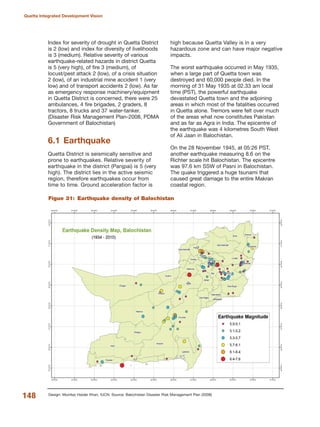 Index for severity of drought in Quetta District
is 2 (low) and index for diversity of livelihoods
is 3 (medium). Relative severity of various
earthquake-related hazards in district Quetta
is 5 (very high), of fire 3 (medium), of
locust/pest attack 2 (low), of a crisis situation
2 (low), of an industrial mine accident 1 (very
low) and of transport accidents 2 (low). As far
as emergency response machinery/equipment
in Quetta District is concerned, there were 25
ambulances, 4 fire brigades, 2 graders, 8
tractors, 8 trucks and 37 water-tanker.
(Disaster Risk Management Plan-2008, PDMA
Government of Balochistan)
6.1 Earthquake
Quetta District is seismically sensitive and
prone to earthquakes. Relative severity of
earthquake in the district (Panjpai) is 5 (very
high). The district lies in the active seismic
region, therefore earthquakes occur from
time to time. Ground acceleration factor is
high because Quetta Valley is in a very
hazardous zone and can have major negative
impacts.
The worst earthquake occurred in May 1935,
when a large part of Quetta town was
destroyed and 60,000 people died. In the
morning of 31 May 1935 at 02.33 am local
time (PST), the powerful earthquake
devastated Quetta town and the adjoining
areas in which most of the fatalities occurred
in Quetta alone. Tremors were felt over much
of the areas what now constitutes Pakistan
and as far as Agra in India. The epicentre of
the earthquake was 4 kilometres South West
of Ali Jaan in Balochistan.
On the 28 November 1945, at 05:26 PST,
another earthquake measuring 8.6 on the
Richter scale hit Balochistan. The epicentre
was 97.6 km SSW of Pasni in Balochistan.
The quake triggered a huge tsunami that
caused great damage to the entire Makran
coastal region.
148
Quetta Integrated Development Vision
Design: Mumtaz Haider Khan, IUCN. Source: Balochistan Disaster Risk Management Plan (2008)
Figue 31: Earthquake density of Balochistan
 