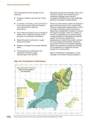 150
Quetta Integrated Development Vision
Design: Mumtaz Haider Khan, IUCN. Source: Balochistan Disaster Risk Management Plan (2008)
Figue 32: Precipitation in Balochistan
The consequences of the drought can be
following.
Increase in inflation rate and rise in food
prices.
In remote rural areas, a very low level of
food intake causes different diseases
and malnutrition to affected
populations.
Poor health of livestock due to shortage of
fodder, which negatively impacts on the
economy of rural areas of the district.
Nearly 80 percent destruction in apple
trees and orchards
Migration of people from drought-affected
areas.
The drought also contributed to the
incidence of Crimean Congo
Haemorrhagic Fever (CCHF).
Managing long periods of drought, their socio-
economic impacts, and introducing and
managing integrated water resource
management (IWRM) are the main challenges
faced by the people in Quetta District.
There is no early warning system for drought in
place at the provincial or even national level.
There are several technological options, which
can help in forecasting, early warning and
appropriate management of disaster to reduce
the impact of drought. There is no system or
practice of preparedness to minimise losses,
manage drought and rehabilitate the affected
people. The minimum elements for
preparedness include drinking water and food
for human beings and livestock, prevention
and control of human and livestock diseases,
fodder tree reserves and adjustment strategy.
The management of losses from the last
drought is a current priority.
Data on temperature, precipitation, run-off,
recharge, soil moisture and groundwater is
 