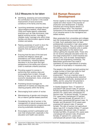 3.5.2 Measures to be taken
Identifying, assessing and acknowledging
the contribution of women in the overall
improvement of socio-economic
conditions of the family and the area.
Launching awareness campaign through
ulema (religious leaders), tribal elders,
CSOs and media against undesirable
practices such as male dominance, bias
against working women, marriage to
mediate rivalry, marriage only within close
families and discrimination against female
children and adults.
Raising awareness of youth to shun the
customs and traditions of gender
disparity that are against the tenets of
Islam.
Ensuring that the laws of the land and
societal and religious values get
precedence over tribal customs, if later
are contradictory; imparting Islamic
education in its true spirit and right
perspective to the adults and minors in
order to eradicate unlawful practices.
Providing support to women in
performing their existing roles and
encouraging them to learn, through
training, to take up new roles in socio-
economic development, micro, small and
medium enterprises.
Prohibiting forced marriages for
settlement of rivalries and disputes, and
retaining property within the family.
Discouraging local custom of wulvar.
Mainstreaming of gender and changing
the un-Islamic gender-biased practices.
Considering the role of women in the
management of natural resources and
environmental protection programmes and
ensuring sustainable development.
Encouraging women»s participation and
even their employment, especially in the
education and health-care sectors.
3.6 Human Resource
Development
Human capital is more important than financial
capital and other inputs in the process of
production and development. In Quetta,
industrial and mining sectors absorb 3.4
percent of labour force. The important
component of the resource-base development
of an industrial sector is the managerial and
skilled workers.
Many graduates from universities and colleges
lack the fundamentals to practice their subject
or trade. Such graduates have not been
professionally successful in high value-added
industrial enterprises. They are unable to meet
the staffing needs of industrial units or public
sector organisations at the district level
without getting the requisite skills. Those who
do not receive adequate education enter into
low-wage employment in small industrial and
service units, such as trade, transportation
and auto and engineering workshops. The
Balochistan government has made it
mandatory for local organisations to employ
75 percent of local labour in industrial units,
The people in the district are hard-working but
a large number of them lack skills for their
useful engagement in self or other
employment. This is an important area in
many respects, including poverty-reduction
and sustainable livelihoods, development of
SMEs, and for using their full potential in
sustainable development of the district.
In Quetta-Zarghoon Town, 77 percent of
population36 (85 percent male, 67 percent
female) had National Identity Cards (NICs), 16
percent (10+ years) were unemployed (16
percent male, 16 percent female), 12 percent
(15+ years) were unemployed (12 percent
male, 7 percent female), 62 percent (10-17
years) were unemployed (60 percent male, 79
female), and 28 percent (15-24 years) were
employed (22 percent male, 27 percent
female). The ratio of women non-agricultural
labour was 0.07. In Quetta-Chiltan, 71 percent
of population (82 percent male, 57 percent
female) had NICs, 23 percent (10+ years) were
unemployed (23 percent male, 29 percent
female), 27 percent (15+ years) were
unemployed (26 percent male, 49 percent
52
Quetta Integrated Development Vision
36 Government of Balochistan. Planning and Development Department. Multiple Indicator Cluster Survey, Quetta
(2004). Quetta: P&DD, GoB, 2004.
 